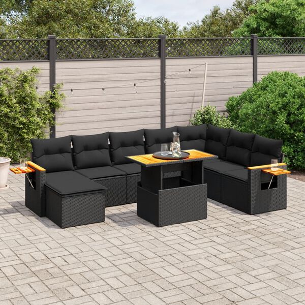 vidaXL Set Divani da Giardino 9 pz con Cuscini Nero Polyrattan Acacia