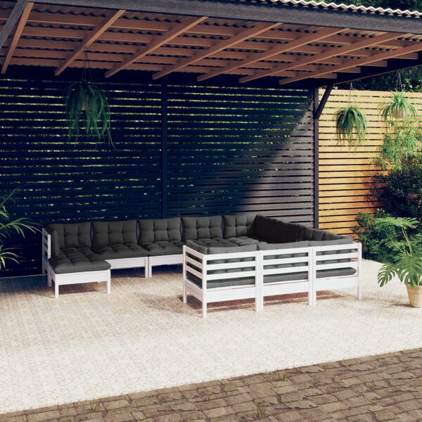 vidaXL Set Divani da Giardino 11 pz con Cuscini Legno di Pino Bianco
