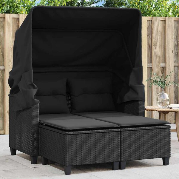 vidaXL Divano Giardino 2 Posti Baldacchino e Sgabelli Nero Polyrattan