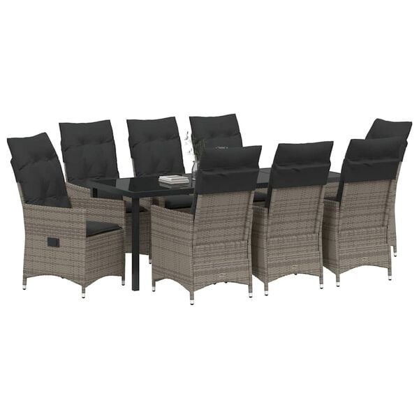 vidaXL Set da Pranzo per Giardino con cuscino 9 pcs Grigio polyrattan