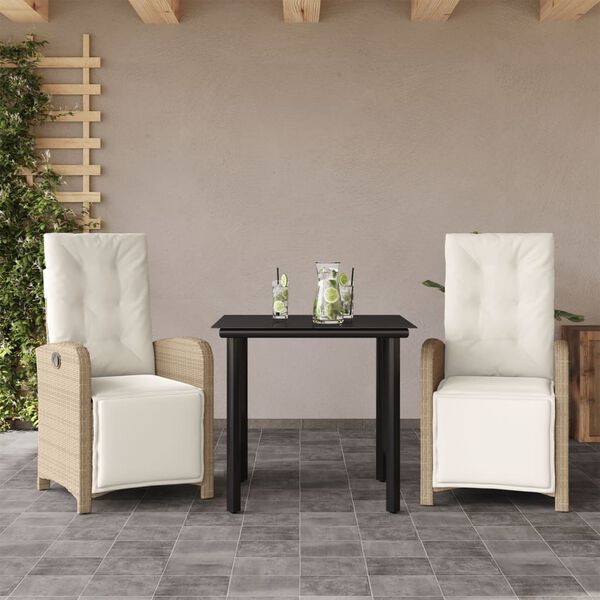 vidaXL Set da Bistr&ograve; 3 pz con Cuscini Beige in Polyrattan