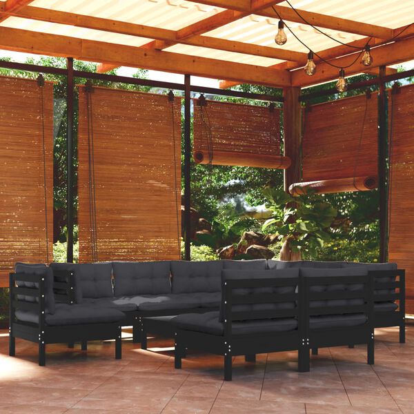 vidaXL Set Divani da Giardino 10 pz con Cuscini Neri Legno di Pino