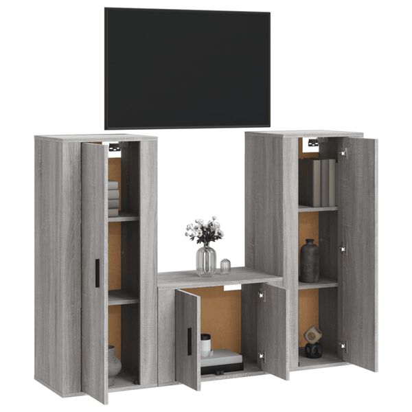vidaXL Set Mobili Porta TV 3 pz Grigio Sonoma in Legno Multistrato