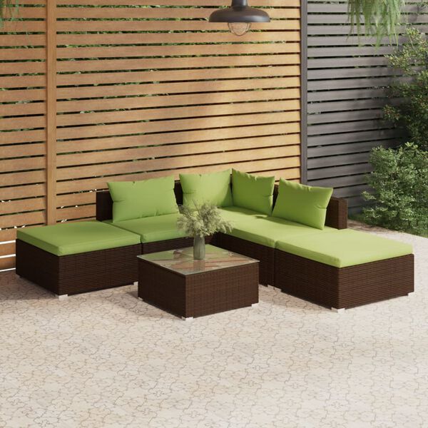 vidaXL Set Divani da Giardino 6 pz con Cuscini in Polyrattan Marrone