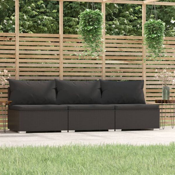 vidaXL Divano a 3 Posti con Cuscini in Polyrattan Nero