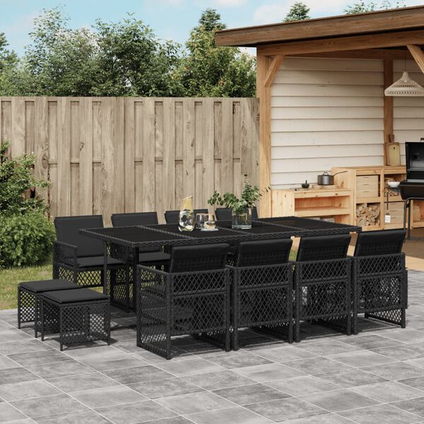 vidaXL Set da Pranzo da Giardino 13pz con Cuscini Nero in Polyrattan