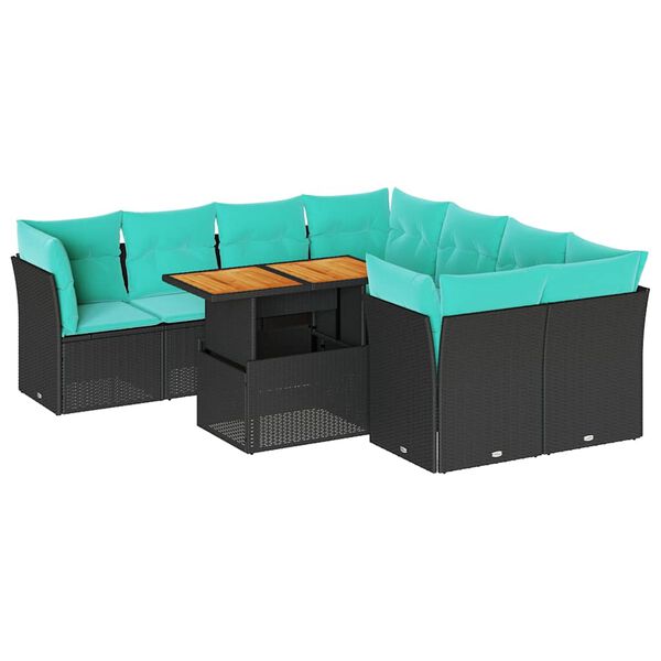 vidaXL Set Divani da Giardino 9 pz con Cuscini Nero in Polyrattan