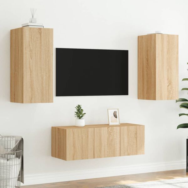 vidaXL Mobili TV a Muro con LED 4pz Rovere Sonoma Legno Multistrato