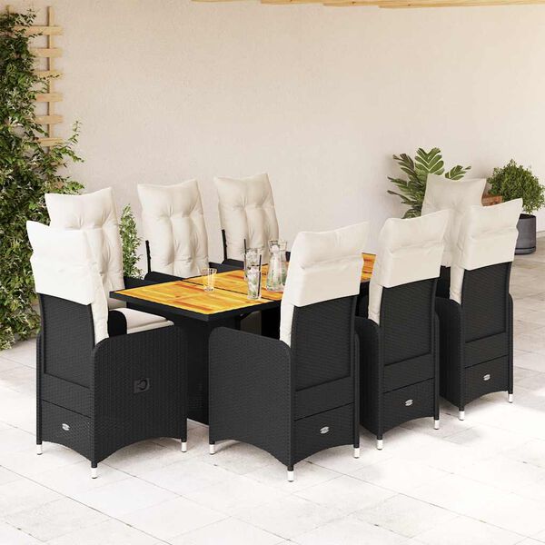 vidaXL Set Bistr&ograve; da Giardino 9 pz con Cuscini in Polyrattan Nero