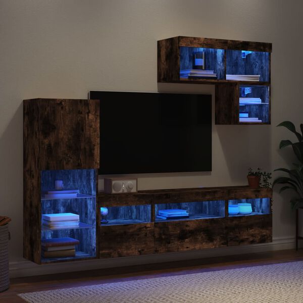 vidaXL Mobili TV a Muro con LED 6pz Rovere Fumo in Legno Multistrato