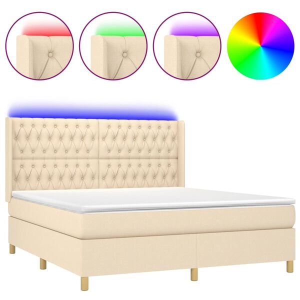 vidaXL Letto a Molle con Materasso e LED Crema 180x200 cm in Tessuto