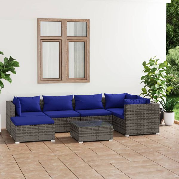 vidaXL Set Divani da Giardino 7 pz con Cuscini in Polyrattan Grigio