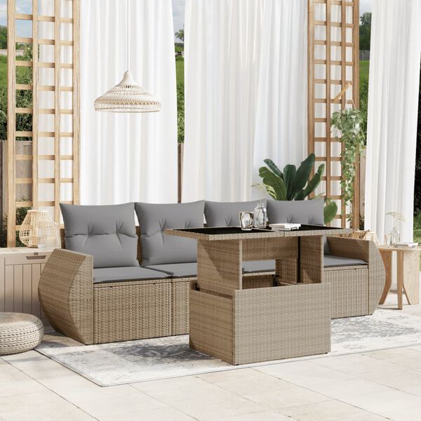 vidaXL Set Divano da Giardino 5 pz con Cuscini Beige in Polyrattan