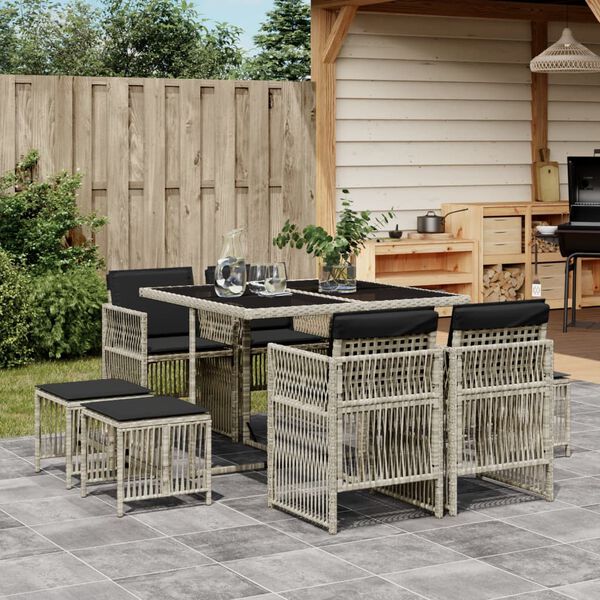 vidaXL Set Pranzo da Giardino 9pz con Cuscini Grigio Chiaro Polyrattan