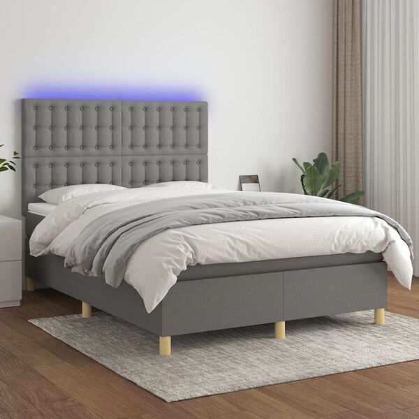 vidaXL Letto a Molle Materasso e LED Grigio Scuro 140x200cm in Tessuto