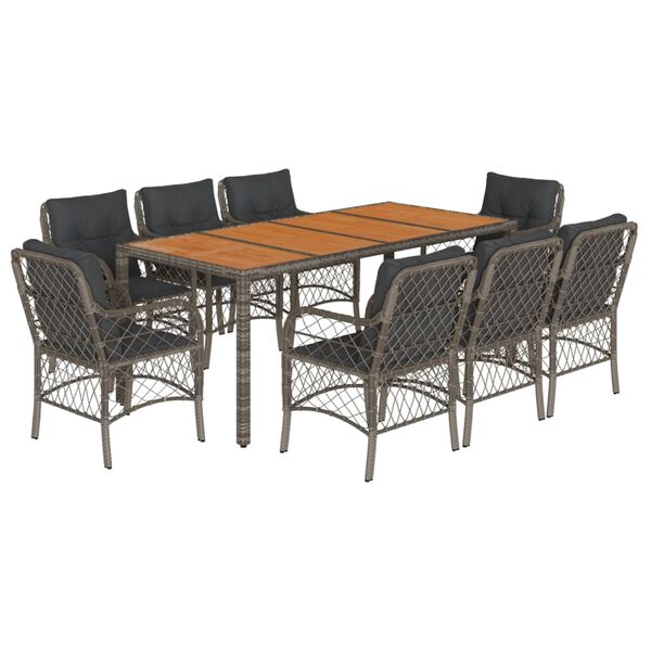 vidaXL Set da Pranzo da Giardino 9 pz con Cuscini in Polyrattan Grigio