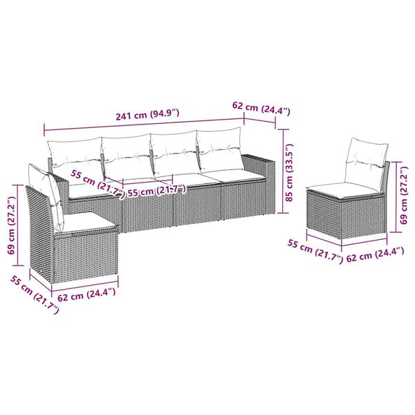 vidaXL Set Divani da Giardino 6 pz con Cuscini Marrone in Polyrattan