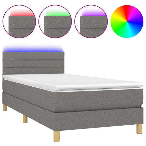 vidaXL Letto a Molle Materasso e LED Grigio Scuro 90x200 cm in Tessuto