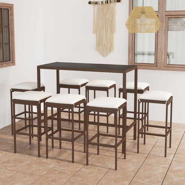 vidaXL Set da Bar da Giardino 9 pz con Cuscini in Polyrattan Marrone