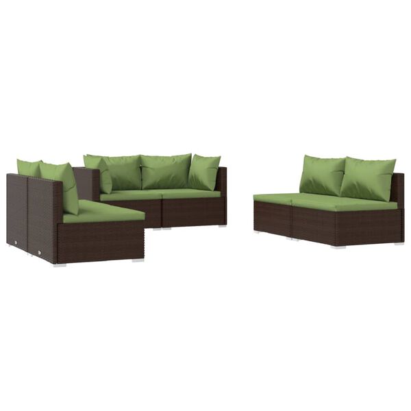 vidaXL Set Divani da Giardino 6 pz con Cuscini in Polyrattan Marrone