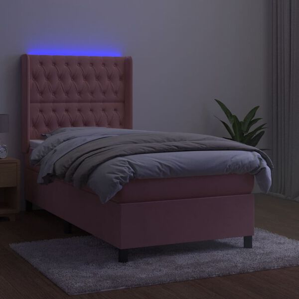 vidaXL Letto a Molle con Materasso e LED Rosa 90x200 cm in Velluto