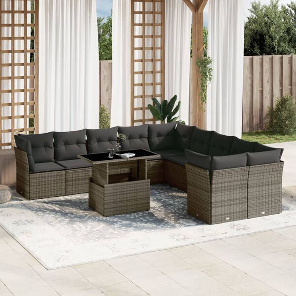 vidaXL Set Divani da Giardino 11 pz con Cuscini in Polyrattan Grigio