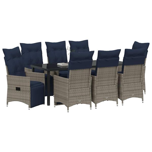 vidaXL Set di tavolo e sedie con cuscino 9 pcs Grigio Rattan in PE