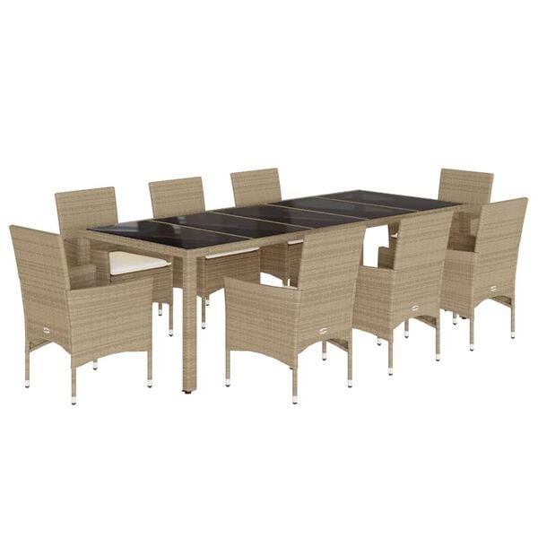 vidaXL Set da Pranzo da Giardino 9 pz con Cuscini Polyrattan e Vetro