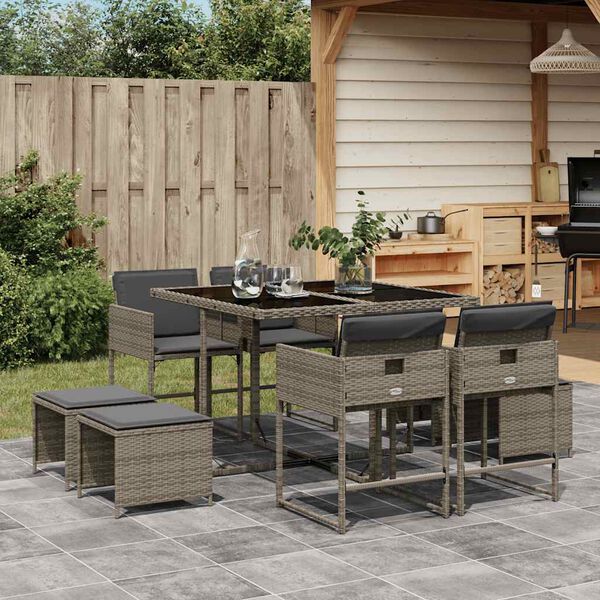 vidaXL Set da Pranzo da Giardino 9 pz con Cuscini in Polyrattan Grigio