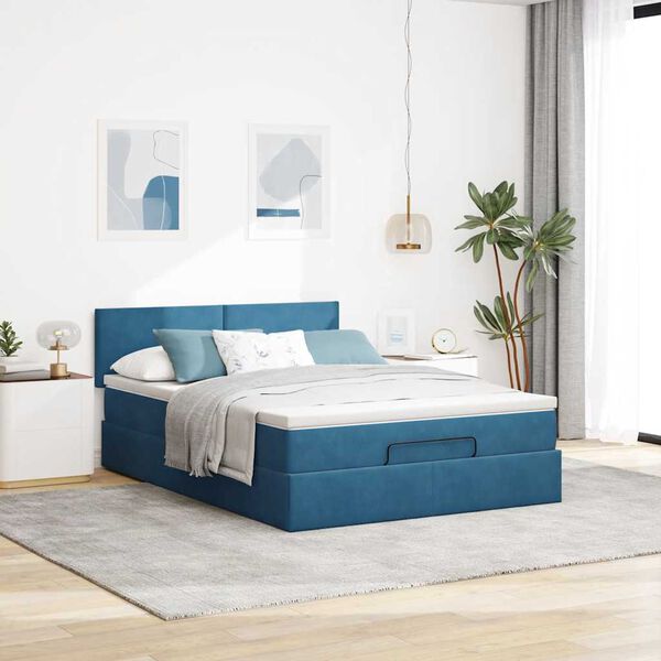 vidaXL Struttura Letto Pouf con Materasso Blu 140x200cm in Velluto