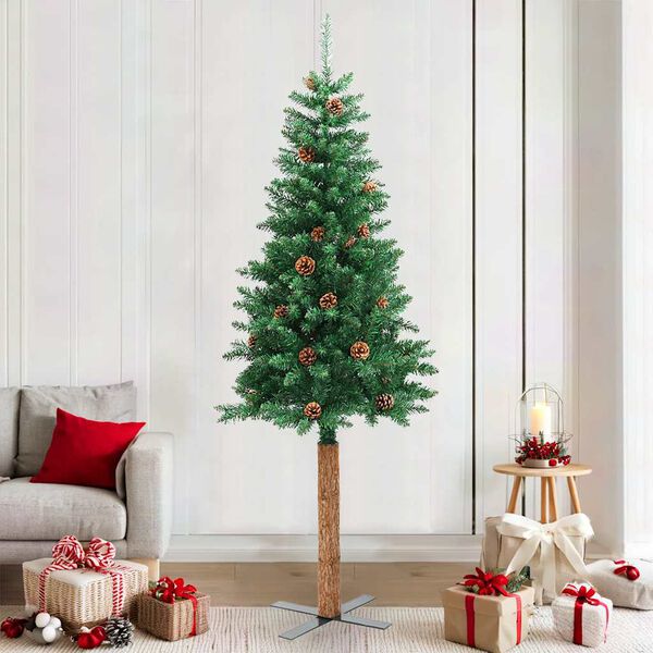 vidaXL Albero di Natale Sottile con Legno Vero e Pigne Verde 210cm PVC