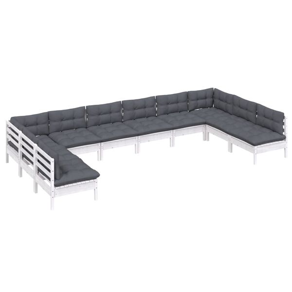vidaXL Set Divani da Giardino 10 pz con Cuscini Bianchi Legno di Pino