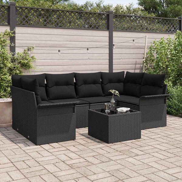 vidaXL Set Divano da Giardino 7 pcs Nero Polyrattan, Acciaio e Vetro