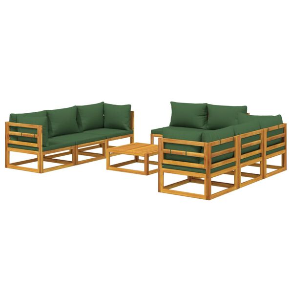vidaXL Set Salotto da Giardino 9pz con Cuscini Verdi in Legno Massello