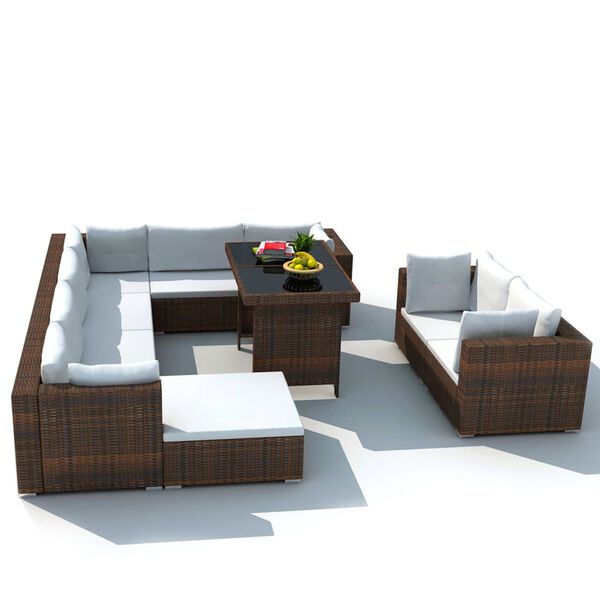 vidaXL Set Divani da Giardino 10 pz con Cuscini in Polyrattan Marrone