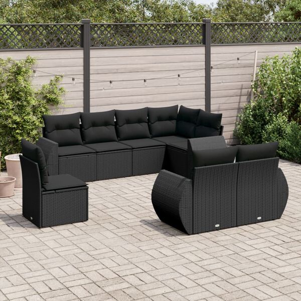 vidaXL Set Divani da Giardino con Cuscini 8 pz Nero in Polyrattan