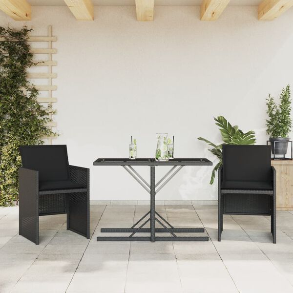 vidaXL Set da Bistr&ograve; 3 pz con Cuscini Nero in Polyrattan