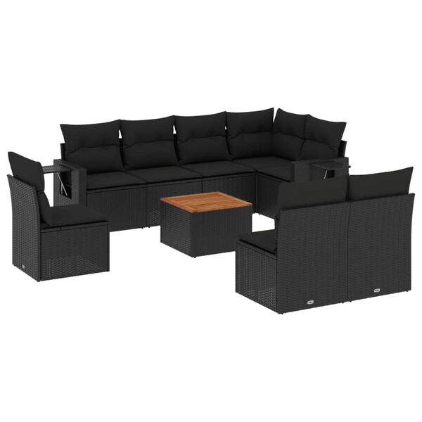 vidaXL Set Divani da Giardino 9 pz con Cuscini Nero in Polyrattan