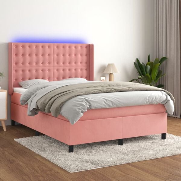 vidaXL Letto a Molle con Materasso e LED Rosa 140x190 cm in Velluto