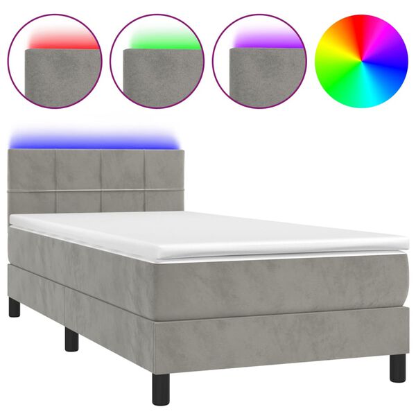 vidaXL Letto a Molle con Materasso e LED Grigio Chiaro 90x190 cm Velluto