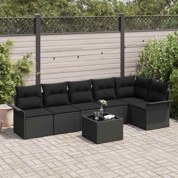 vidaXL Set Divano da Giardino con cuscino 7 pcs Nero polyrattan
