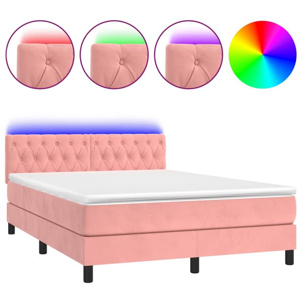 vidaXL Letto a Molle con Materasso e LED Rosa 140x200 cm in Velluto