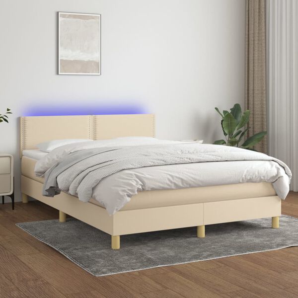 vidaXL Letto a Molle con Materasso e LED Crema 140x200 cm in Tessuto