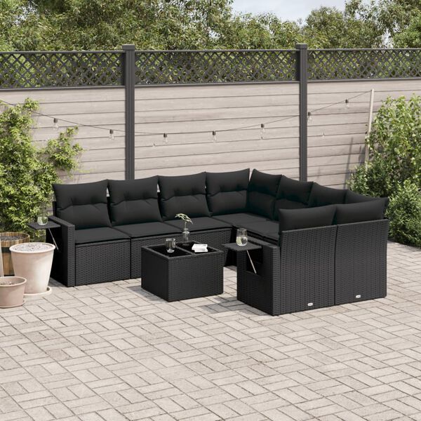 vidaXL Set Divani da Giardino 9 pz con Cuscini Nero in Polyrattan
