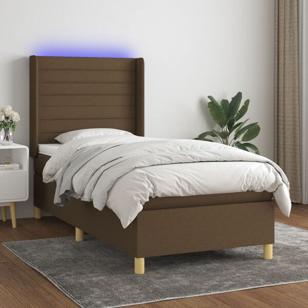 vidaXL Letto a Molle Materasso e LED Marrone Scuro 90x190cm in Tessuto