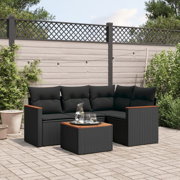 vidaXL Set Divani da Giardino 5 pz con Cuscini in Polyrattan Nero