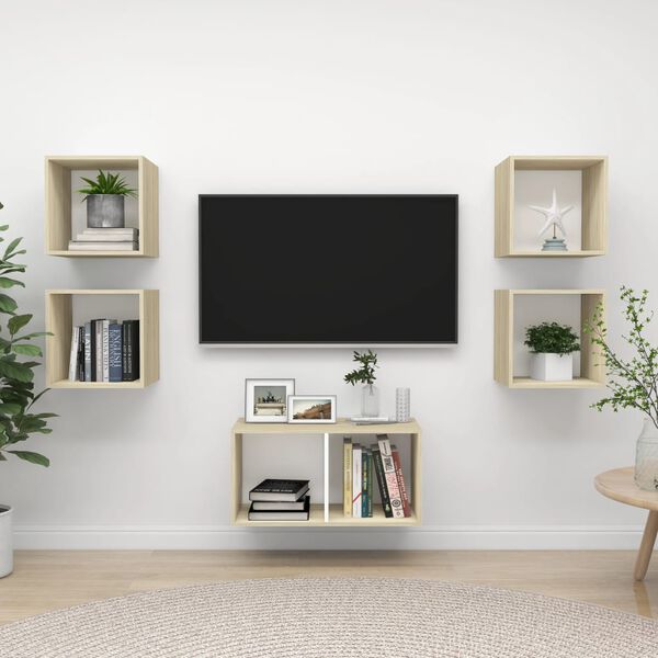 vidaXL Set Mobili TV 5 pz Bianco e Rovere Sonoma in Legno Multistrato