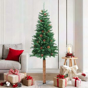 vidaXL Albero di Natale Sottile con Legno Vero e Pigne Verde 180cm PVC