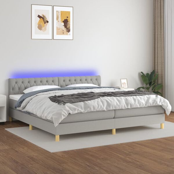 vidaXL Letto a Molle Materasso e LED Grigio Chiaro 200x200 cm Tessuto