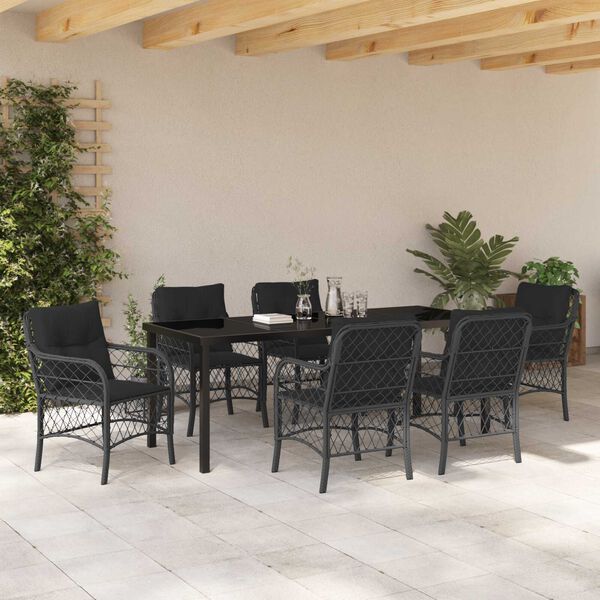 vidaXL Set da Pranzo per Giardino con cuscino 7 pcs Nero polyrattan